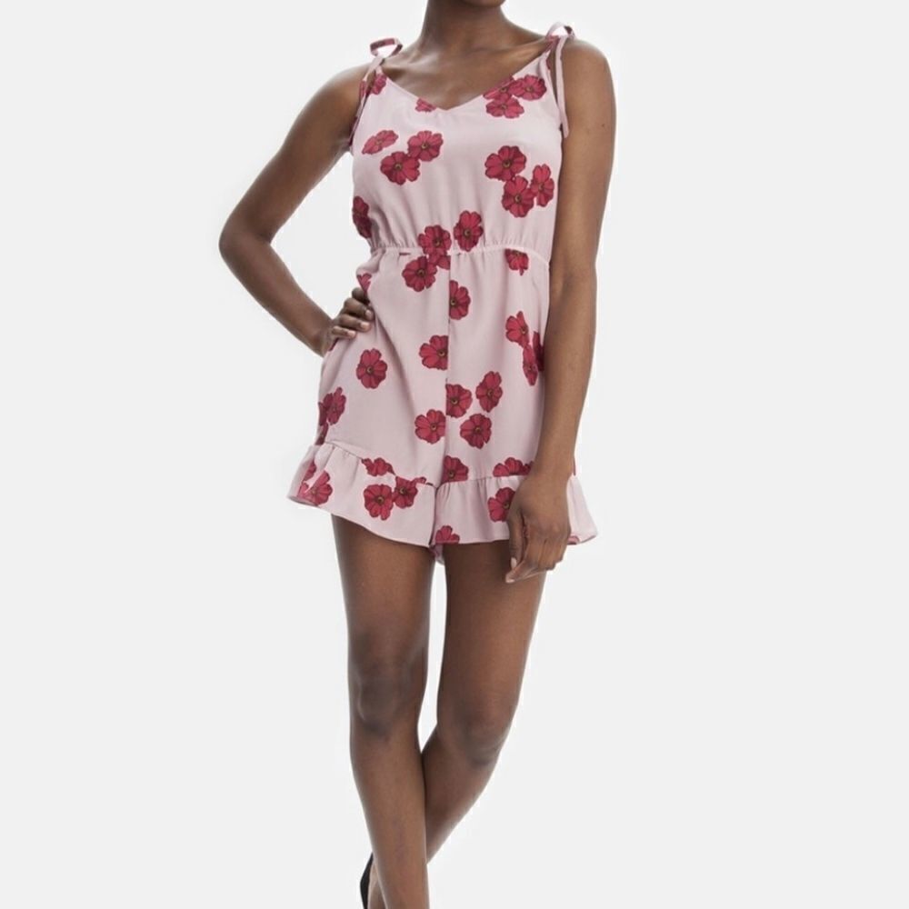 Tucker The Cami Ruffle Romper Pink Poppy in Crepe de Chine Silk Floral Tie Strap